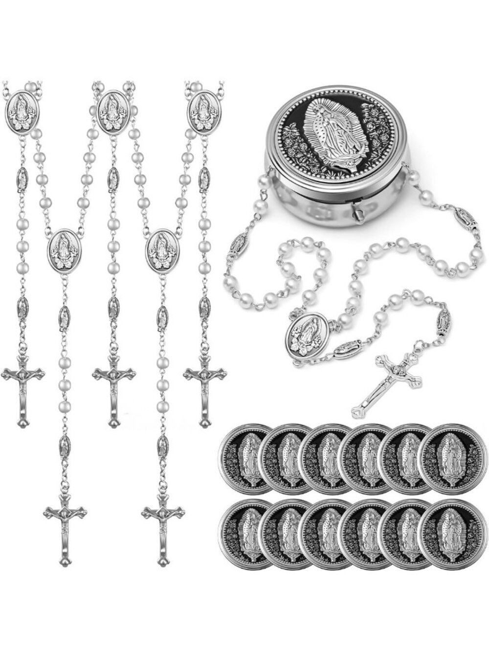 12 Sets Catholic Rosary Necklaces - 6mm Glass Pearl Beaded Prayer Jewelry